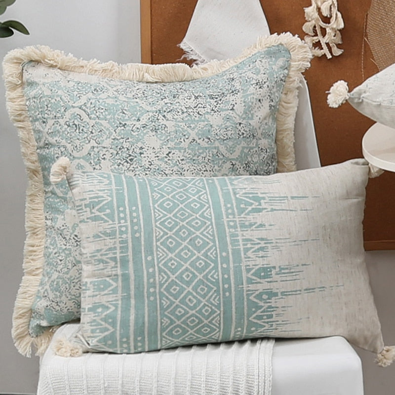 Vintage Blue Texture Pillow Cover with Tassles