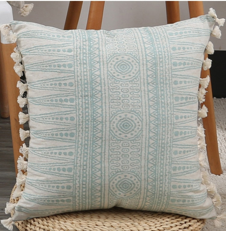 Vintage Blue Texture Pillow Cover with Tassles