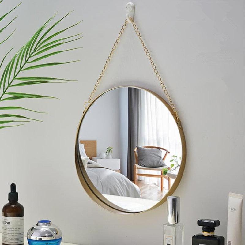 round metal gold glass mirror with chain