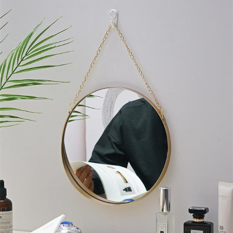 round metal gold glass mirror with chain