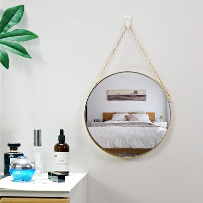 round metal gold glass mirror with chain