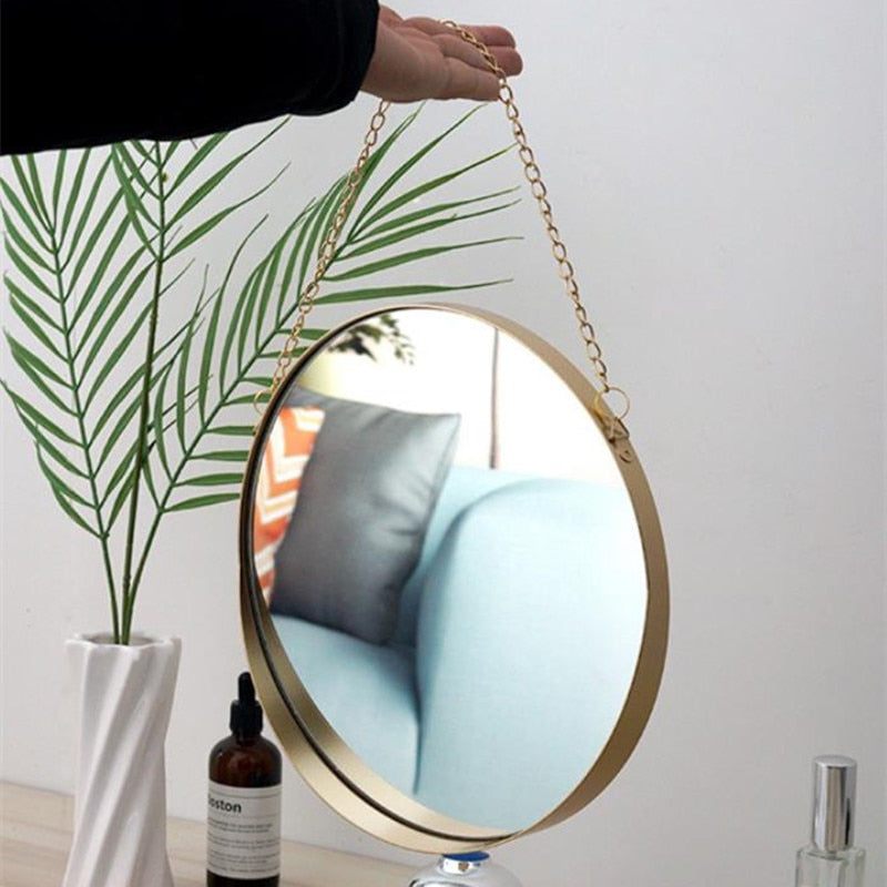 round metal gold glass mirror with chain