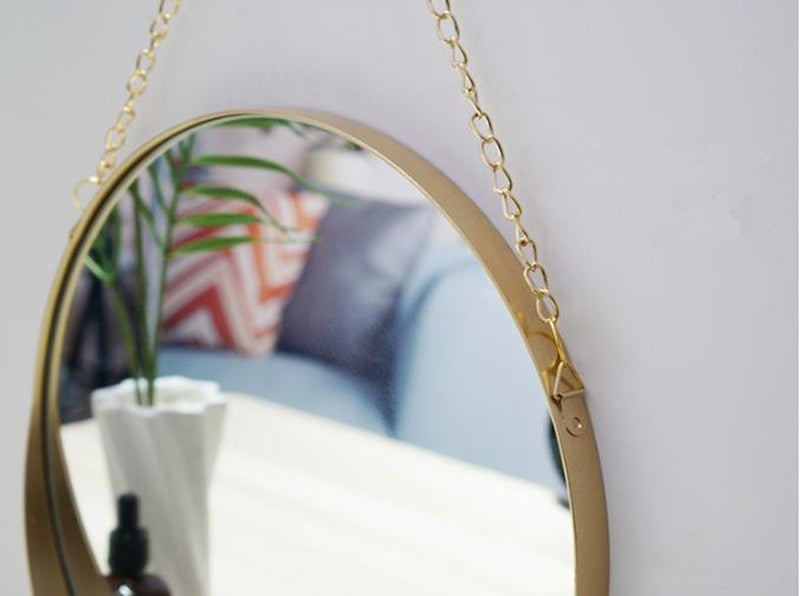 round metal gold glass mirror with chain