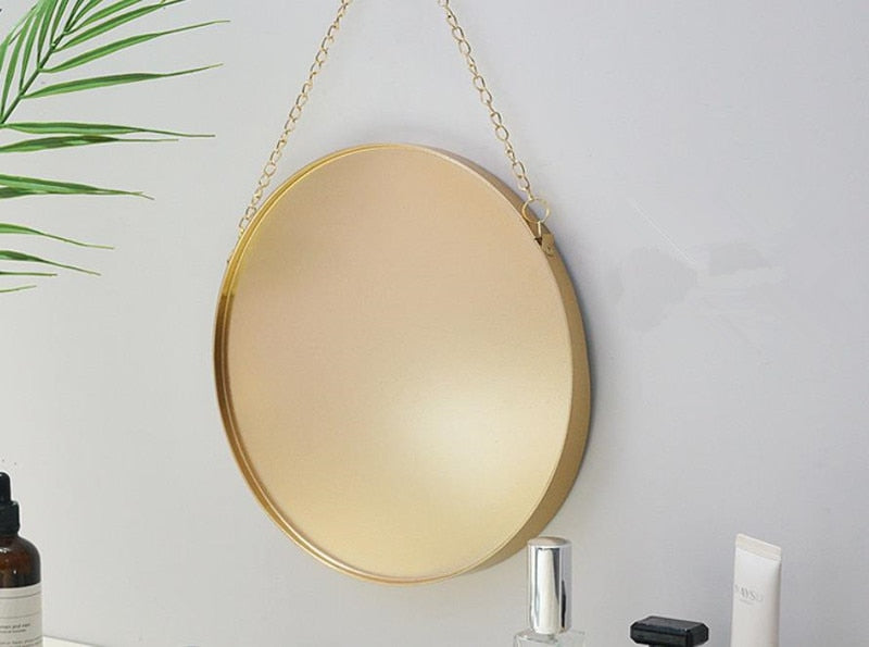 round metal gold glass mirror with chain