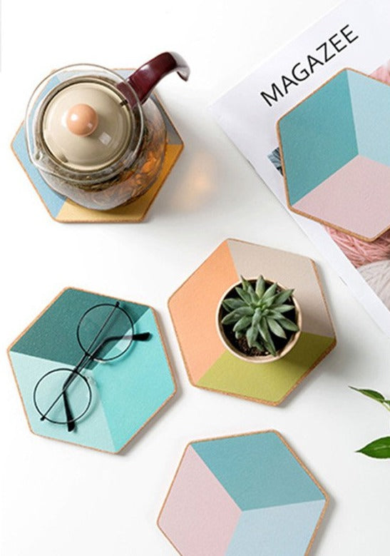 hexagon wooden cork colorful nonslip table coaster