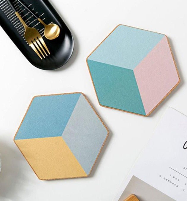 hexagon wooden cork colorful nonslip table coaster