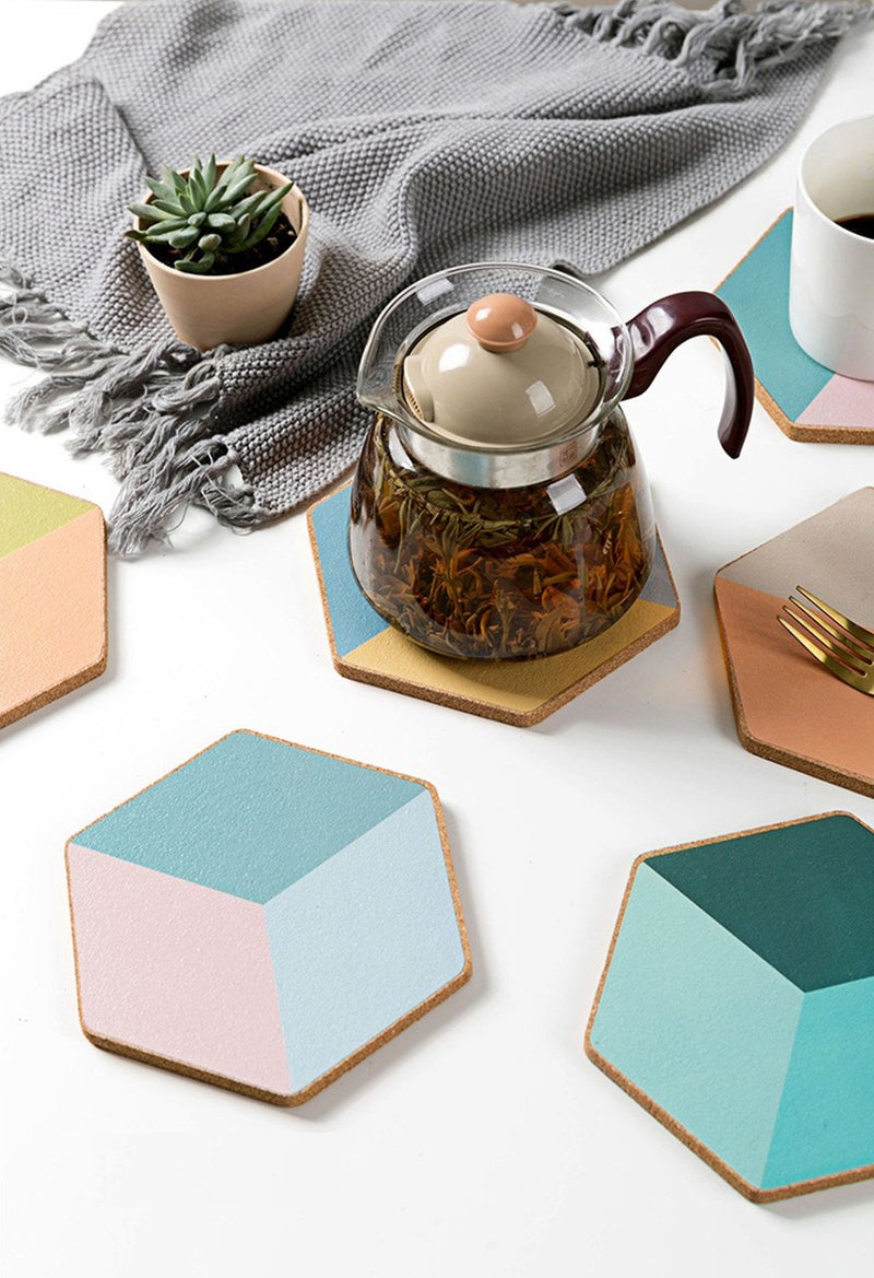 hexagon wooden cork colorful nonslip table coaster