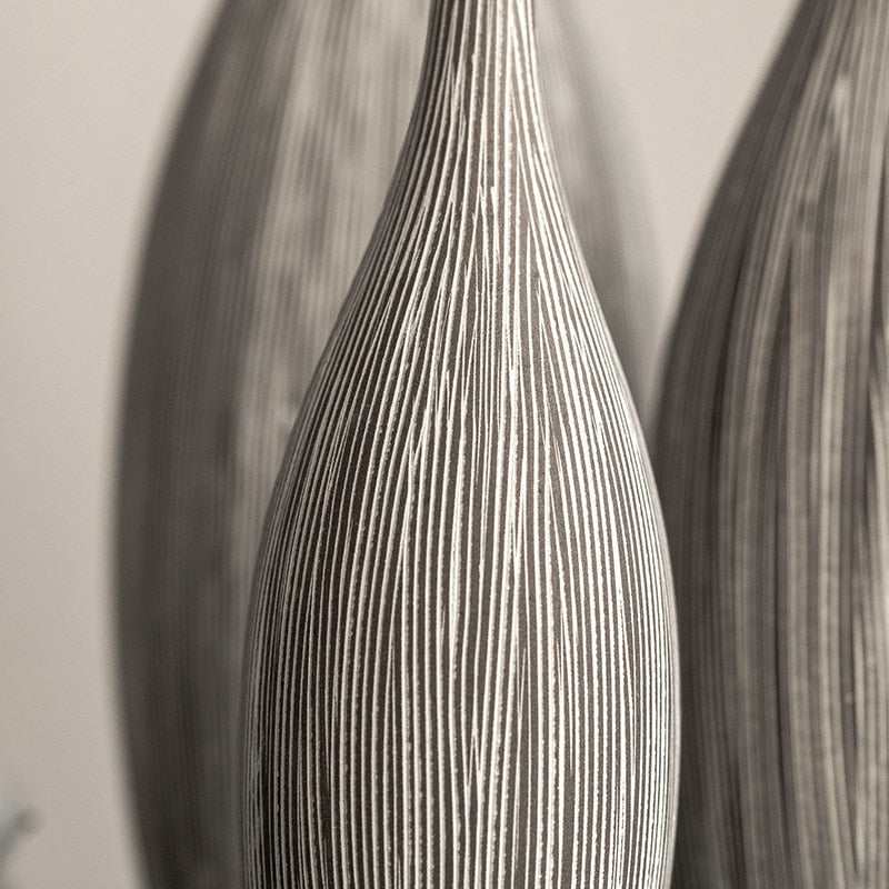 tall round cylindrical textured line brown table top vase