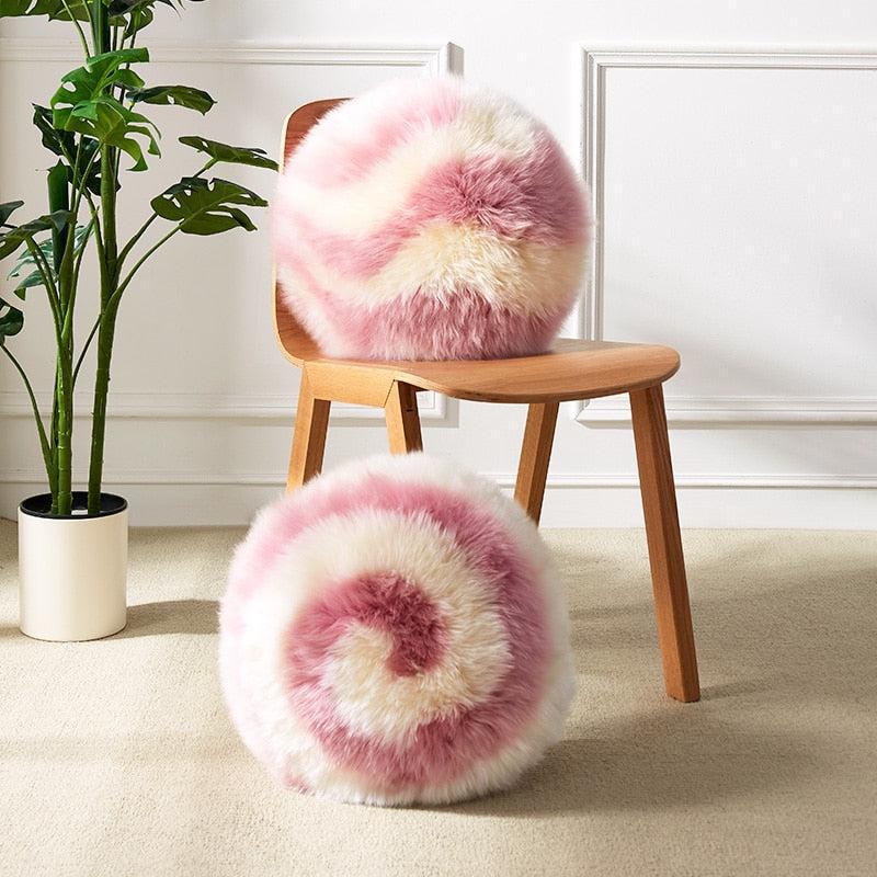 round pink and white wool sheepskin fur pillow