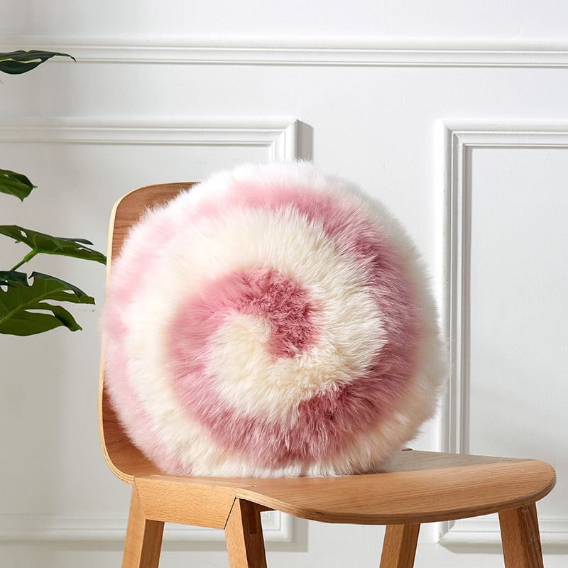 round pink and white wool sheepskin fur pillow