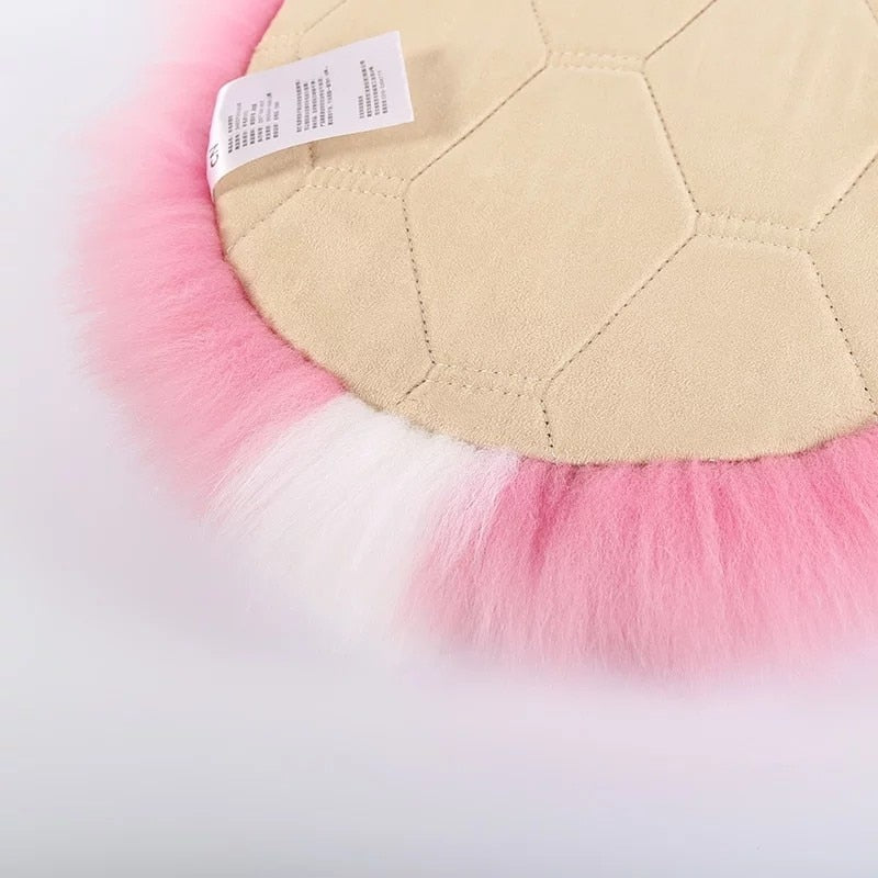 round pink and white wool sheepskin fur pillow