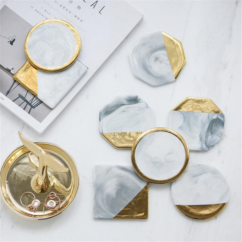 Ceramic Marble Geometric Gold Plated Heat Insulated Waterproof Coaster