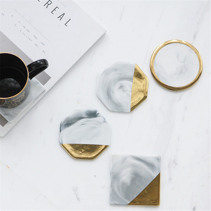 Ceramic Marble Geometric Gold Plated Heat Insulated Waterproof Coaster