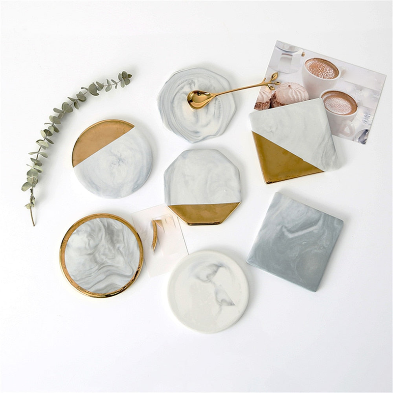 Ceramic Marble Geometric Gold Plated Heat Insulated Waterproof Coaster