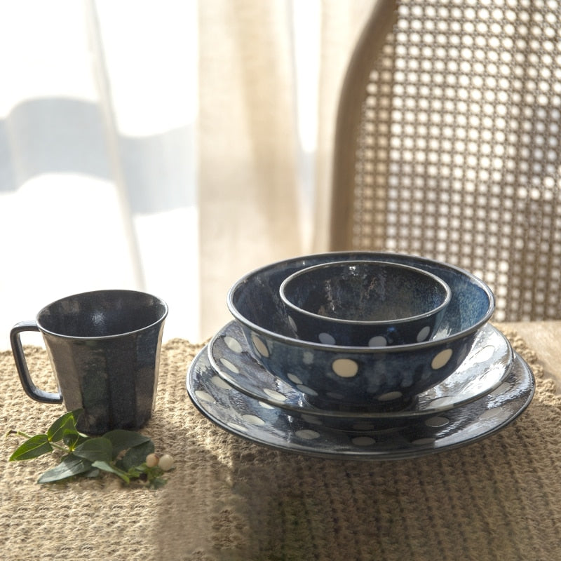 Round Blue Geometric Pattern Dish Japanese handmade ceramic blue white polka dot