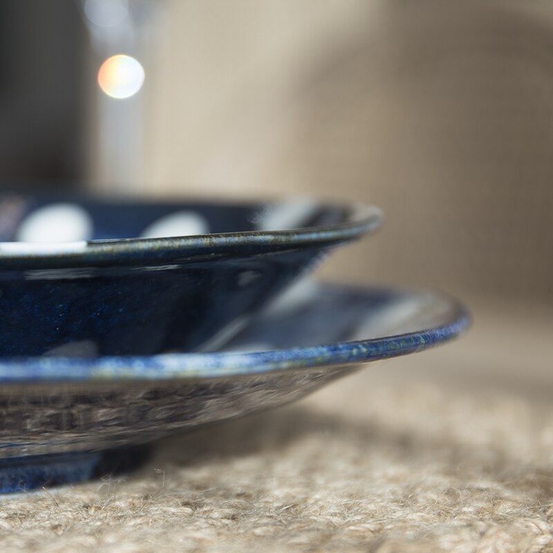 Round Blue Geometric Pattern Dish Japanese handmade ceramic blue white polka dot