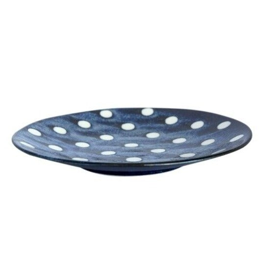 Round Blue Geometric Pattern Dish Japanese handmade ceramic blue white polka dot