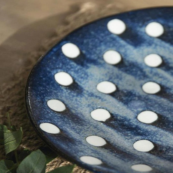 Round Blue Geometric Pattern Dish Japanese handmade ceramic blue white polka dot