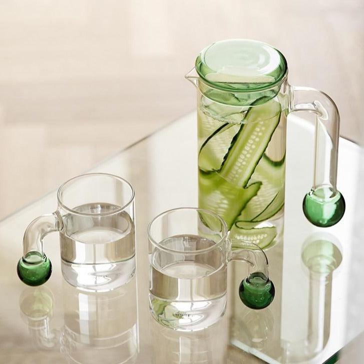 cylinder Borosilicate Glass with green sphere end handle clear glass pitcher and cups