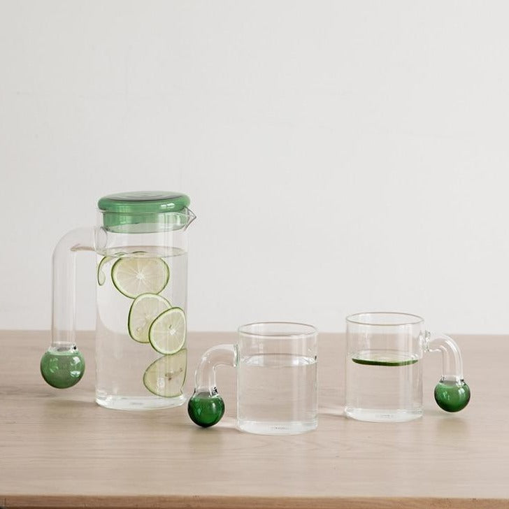 cylinder Borosilicate Glass with green sphere end handle clear glass pitcher and cups