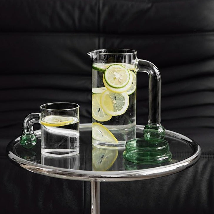 cylinder Borosilicate Glass with green sphere end handle clear glass pitcher and cups