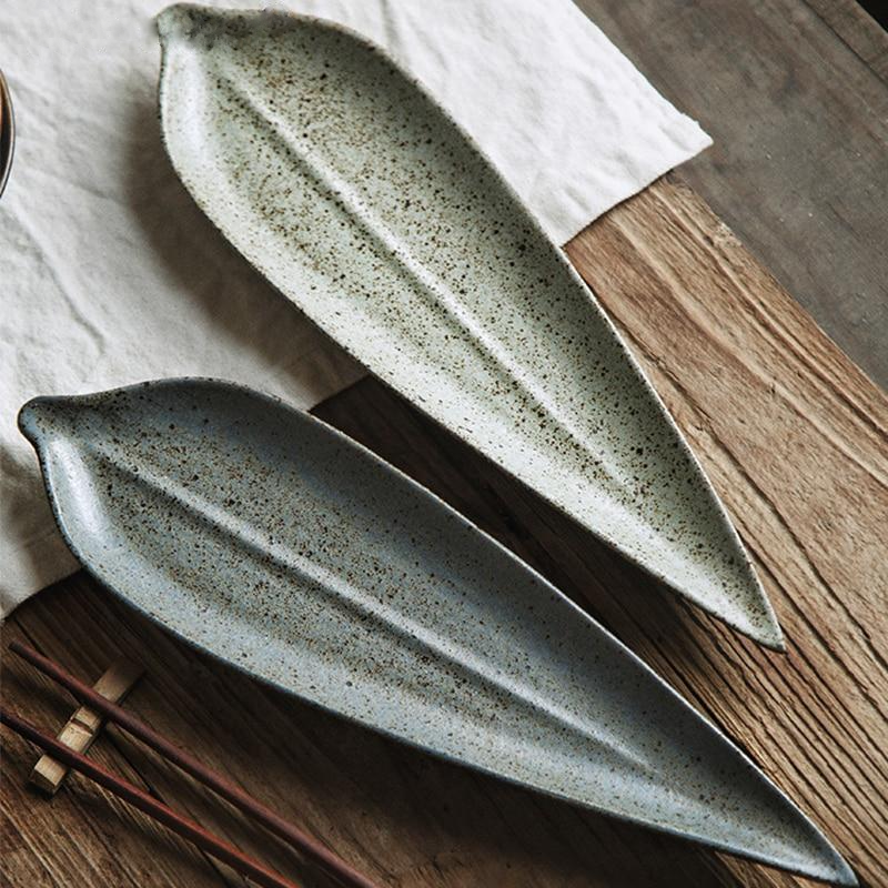 leaf shape ceramic green stained pattern serving plate