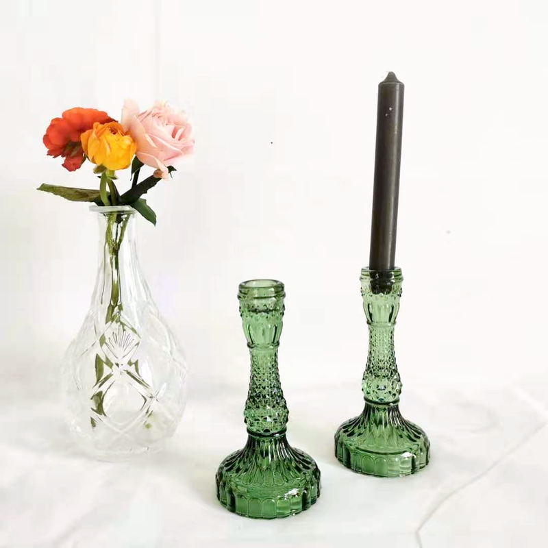 vintage embossed texture glass green candle holder