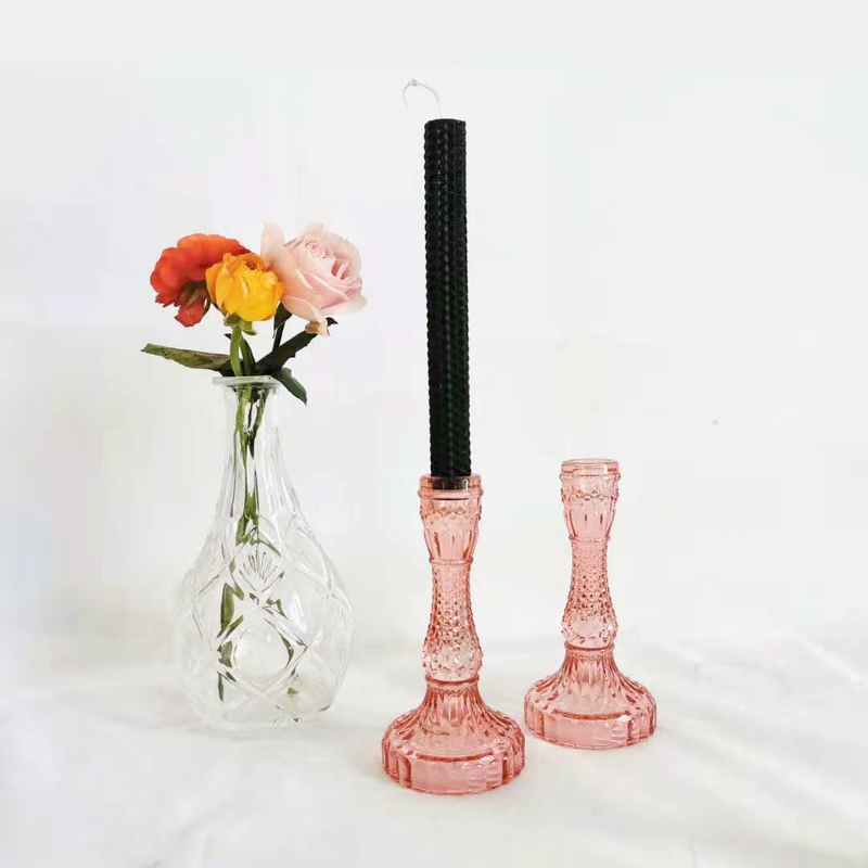 vintage embossed texture glass pink candle holder