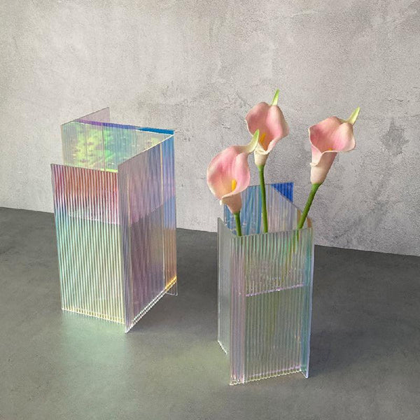 elongated rectangle engraved line texture transparent multicolor acrylic flower vase