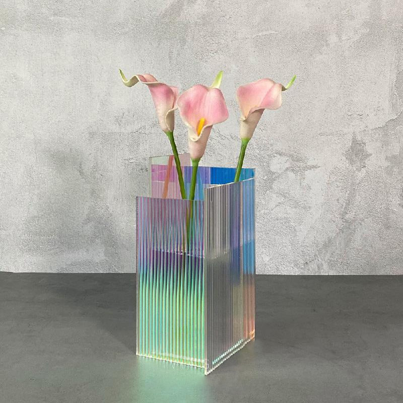 elongated rectangle engraved line texture transparent multicolor acrylic flower vase