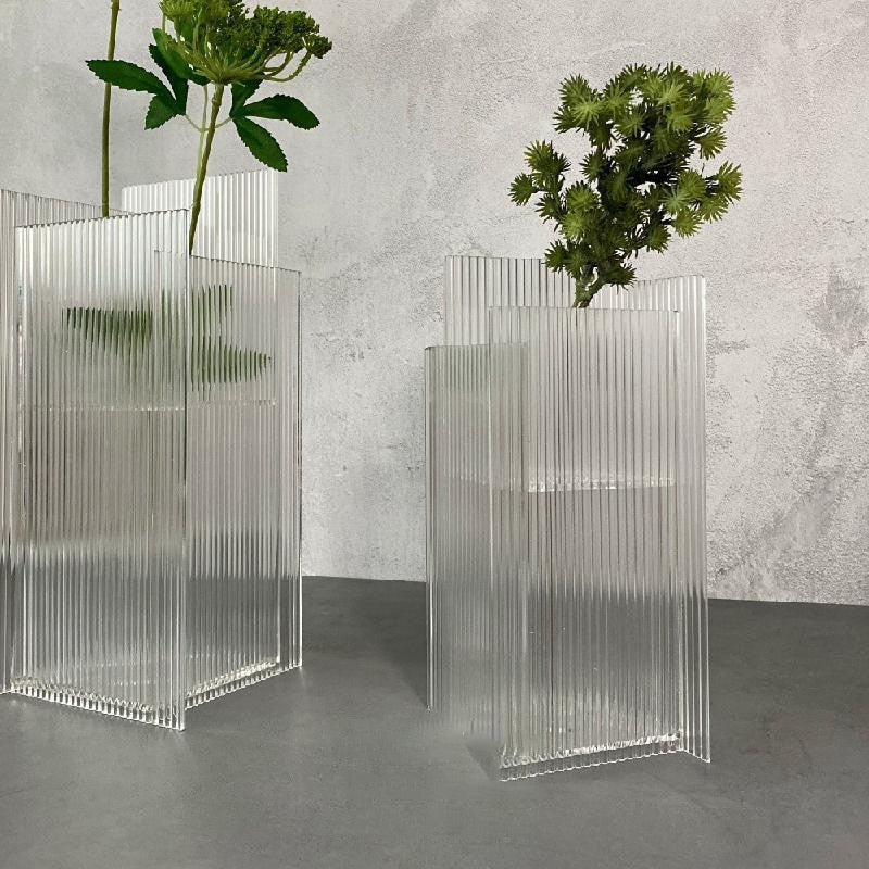 elongated rectangle engraved line texture transparent multicolor acrylic flower vase