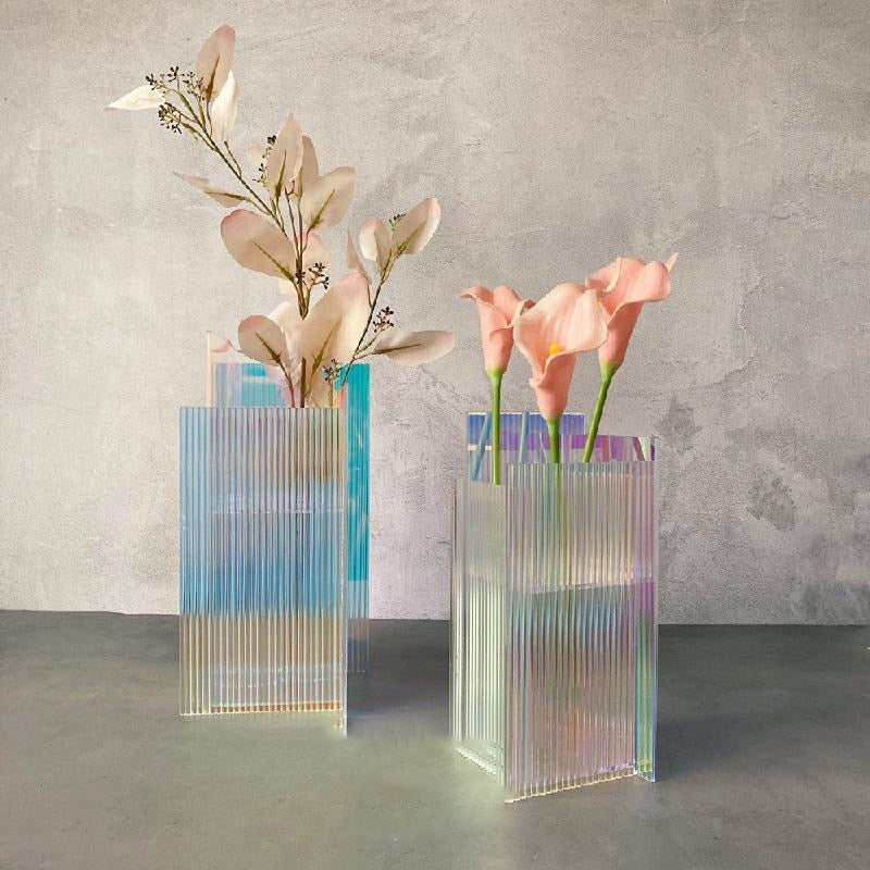 elongated rectangle engraved line texture transparent multicolor acrylic flower vase