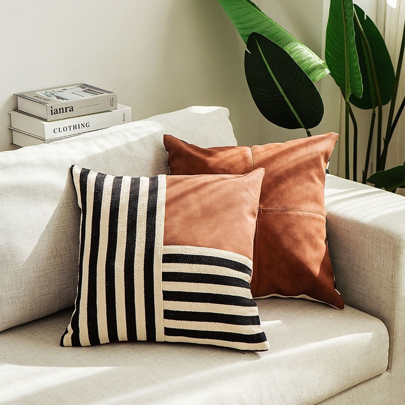 square faux leather cotton woven black stripes cushion cover with zipper