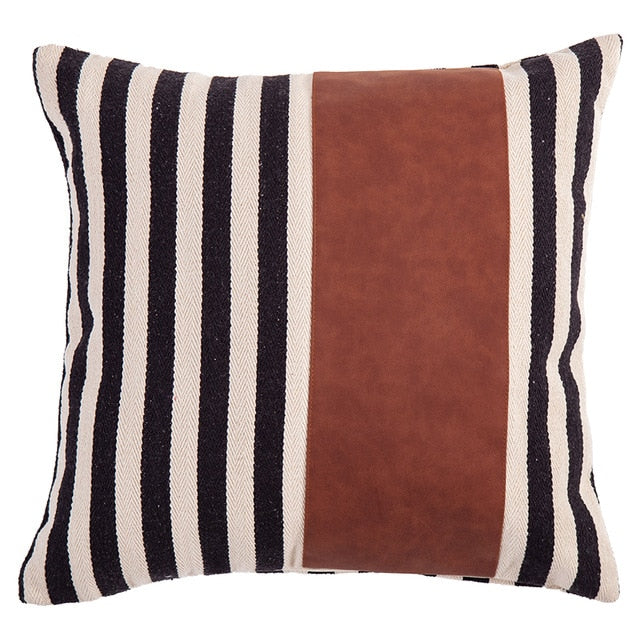 square faux leather cotton woven black stripes cushion cover with zipper