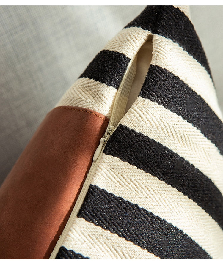 Faux Leather & Canvas Stripe Pillow Covers