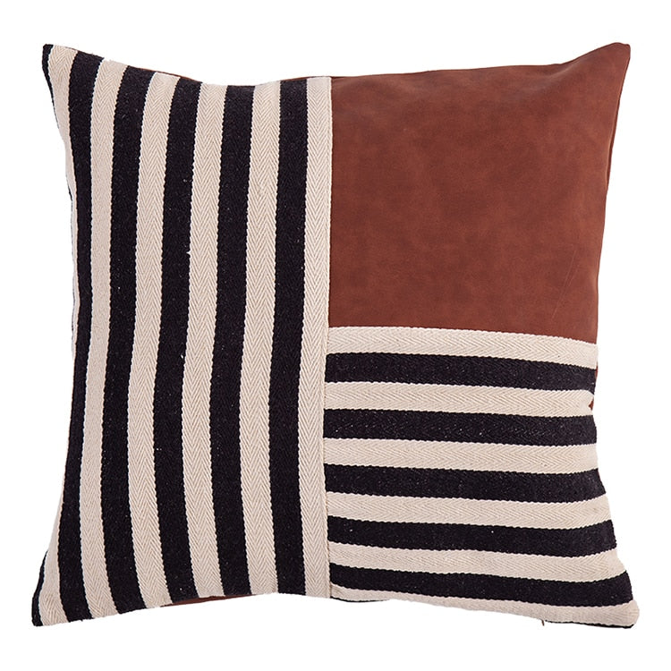 square faux leather cotton woven black stripes cushion cover with zipper