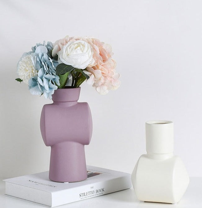 Decorative Ceramic Vase for Dried Flower Home Arrangement Lilac Nude White Modern Abstract Shapes