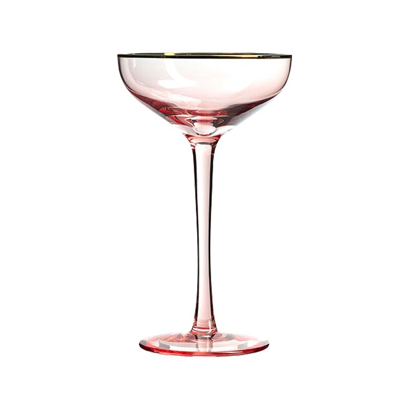 wide round pink champagne glass with gold trimming