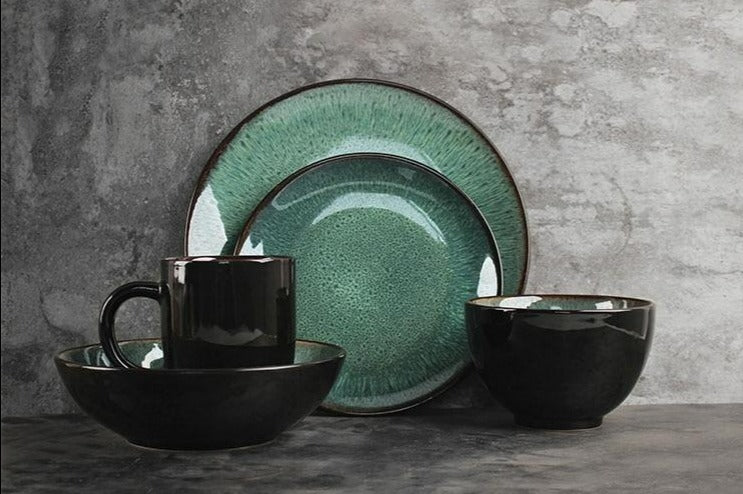 Emerald Green Glazed Peacock Ceramic Porcelain Dinnerware Set