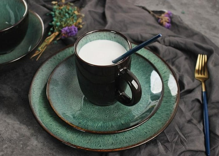 Emerald Green Glazed Peacock Ceramic Porcelain Dinnerware Set