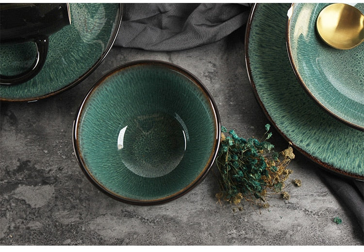 Emerald Green Glazed Peacock Ceramic Porcelain Rice Bowl