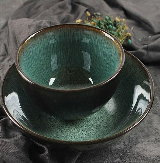 Emerald Green Glazed Peacock Ceramic Porcelain Rice Bowl