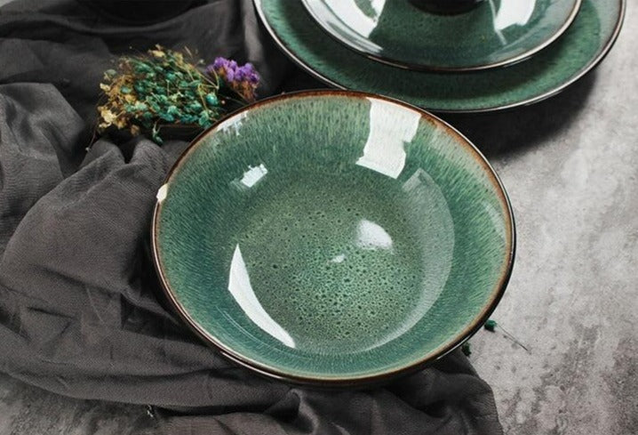 Emerald Green Glazed Peacock Ceramic Porcelain Salad Bowl