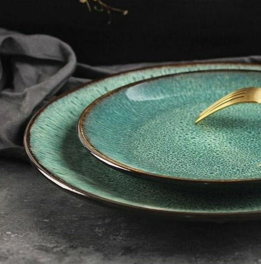 Emerald Green Glazed Peacock Ceramic Porcelain Dinnerware Set Disc