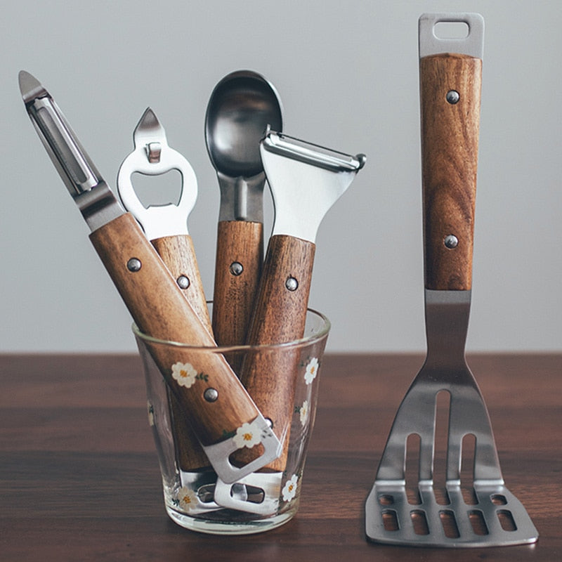 stainless steel with wooden handle cooking utensils