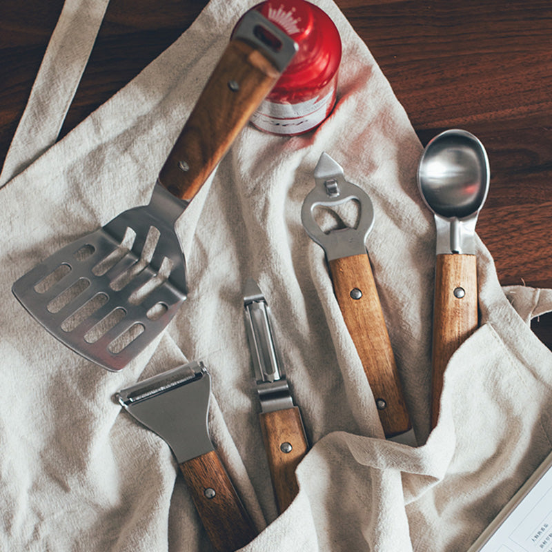 stainless steel with wooden handle cooking utensils