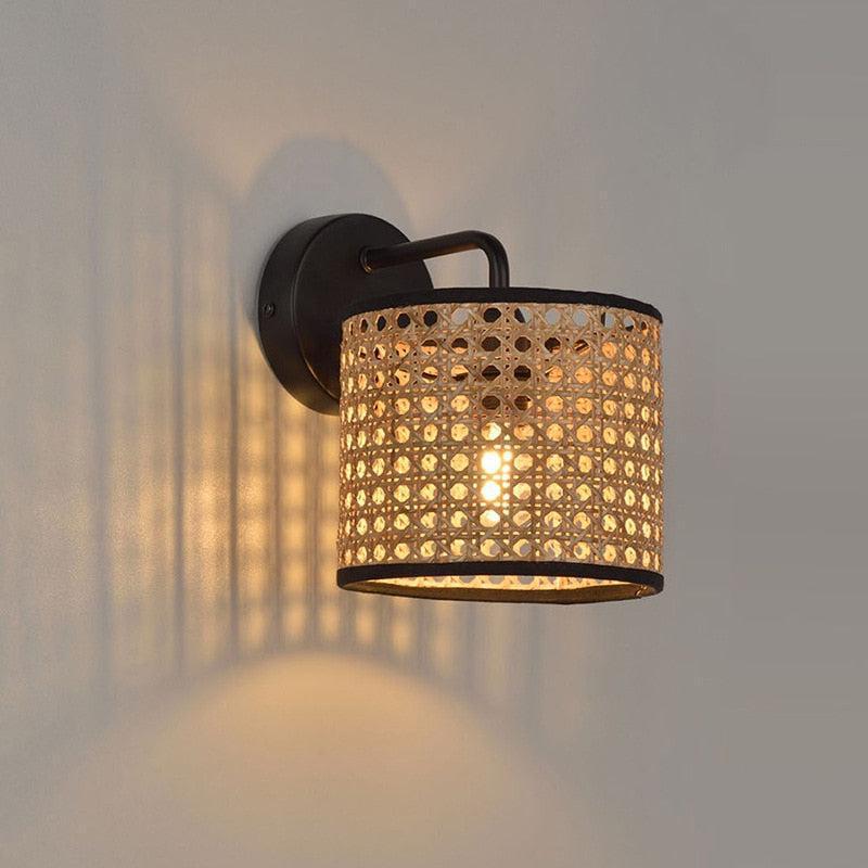 Round Beige Black Rattan Metal Wall Mounted Lamp