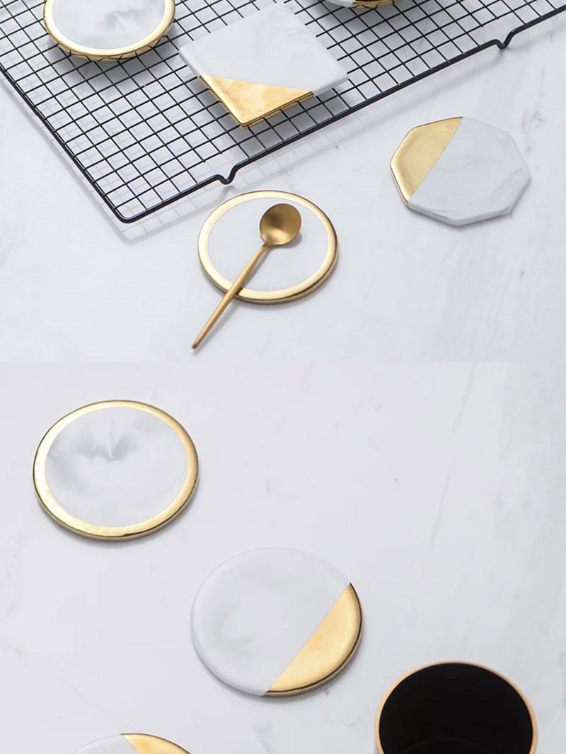 Ceramic Marble Geometric Gold Plated Heat Insulated Waterproof Coaster