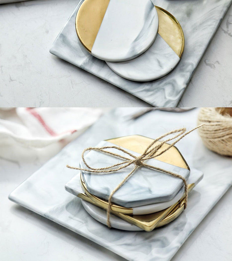 Ceramic Marble Geometric Gold Plated Heat Insulated Waterproof Coaster