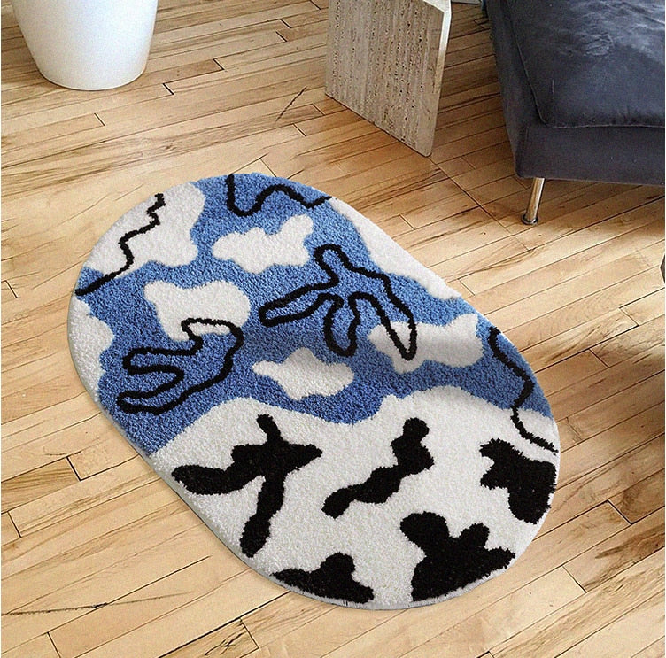 Fluffy Anti Slip Geometric Floor Mat Blue